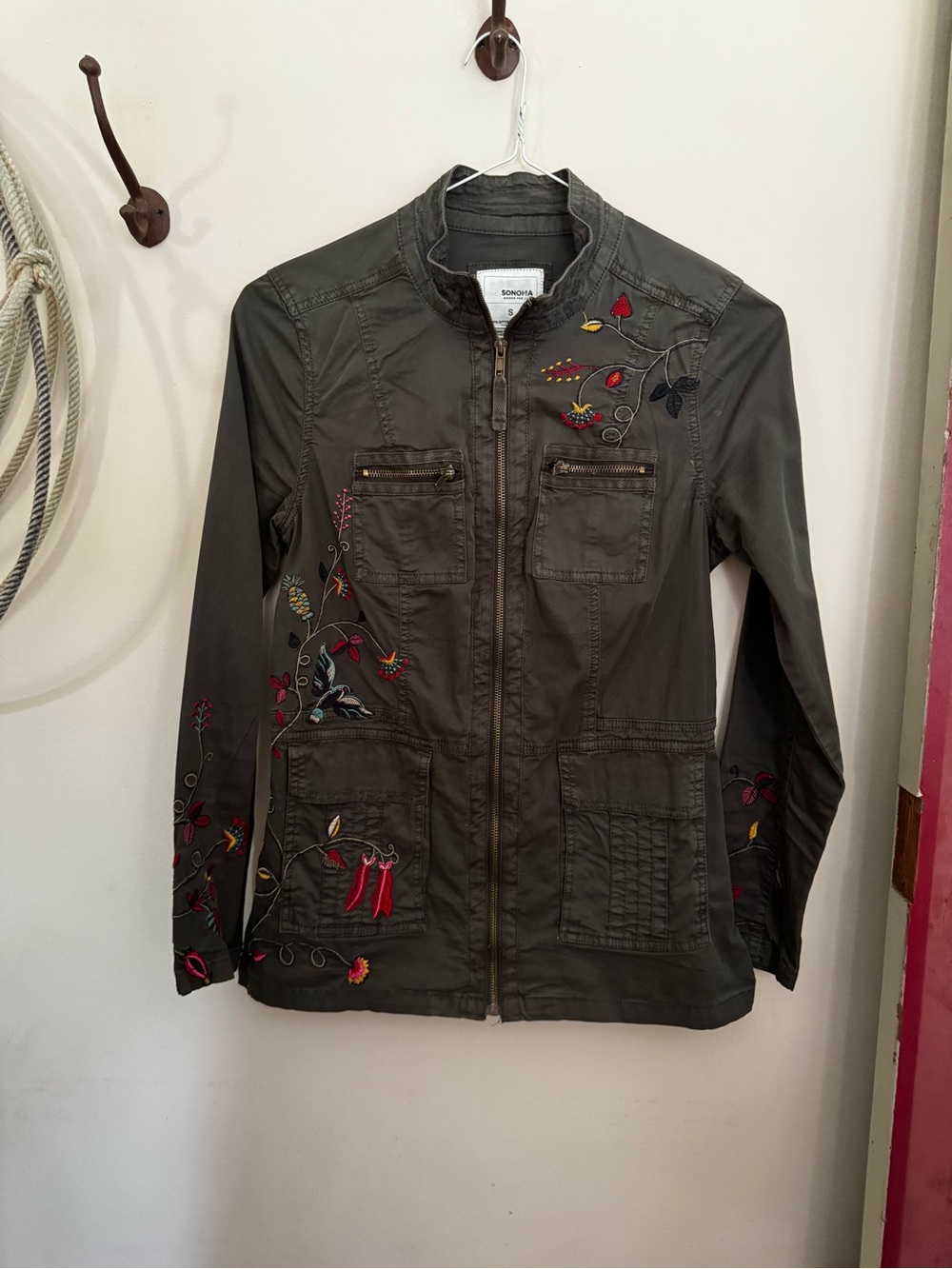 Sonoma Olive Utility Jacket with Floral & Chili Embroidery - NWOT